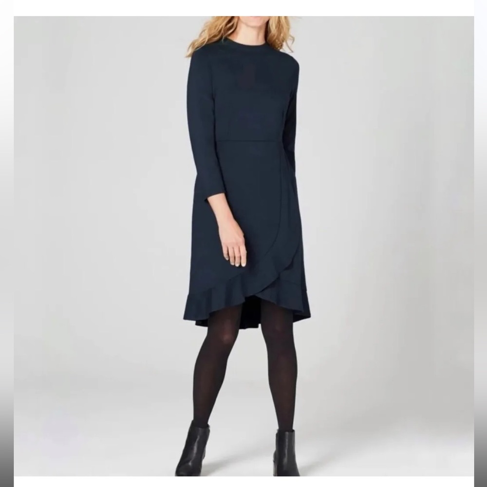 J.Jill Ponte Navy Blue Dress front Ruffle Stretchy jersey Knit size MP